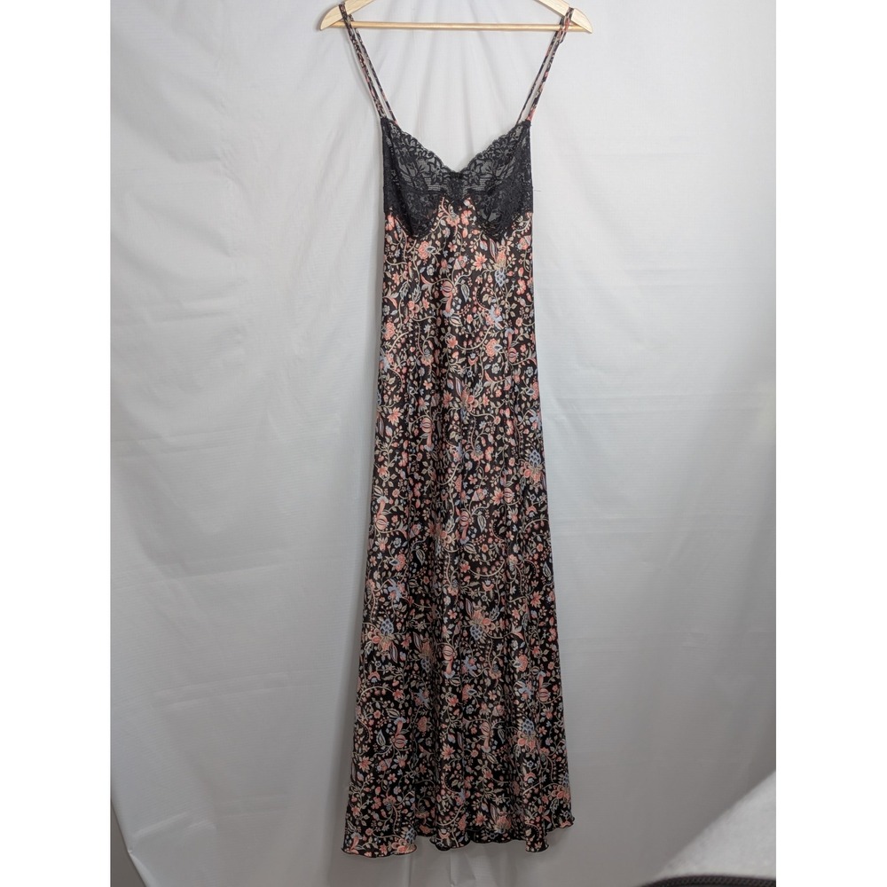 Olga Women's Slip Dress Size M Black Floral Lace Bust Maxi Nightgown 56"